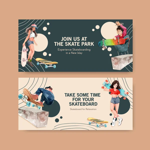 Reklam ve pazarlama suluboya vektör çizimi için kaykay tasarımı konsepti içeren reklam panosu şablonu