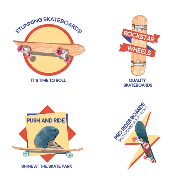 Marka ve pazarlama suluboya vektör çizimi için kaykay tasarımı kavramına sahip logo