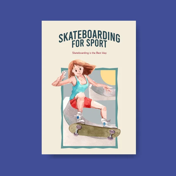 Poster template with skateboard design concept for advertise and marketing watercolor vector illustration