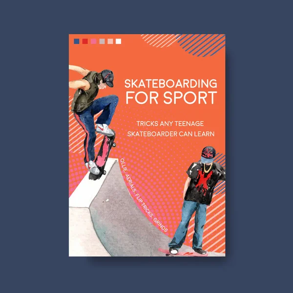 Suluboya vektör illüstrasyonunun reklam ve pazarlanması için kaykay tasarımı kavramına sahip poster şablonu