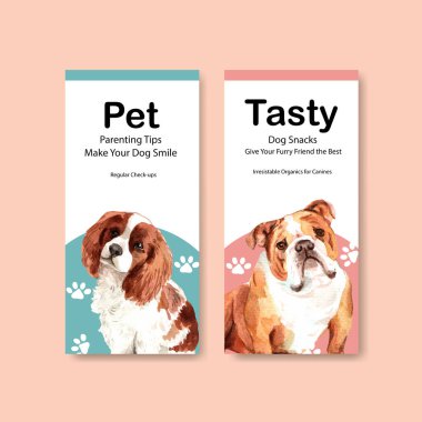 Broşür, broşür, broşür ve suluboya illüstrasyon için köpek tasarımı içeren el ilanı şablonu 