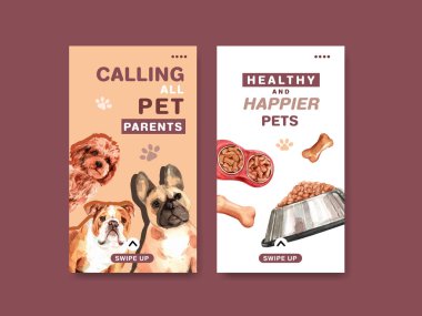 Sosyal medya ve çevrimiçi topluluk suluboya illüstrasyonu için köpek tasarımı içeren Instagram şablonu