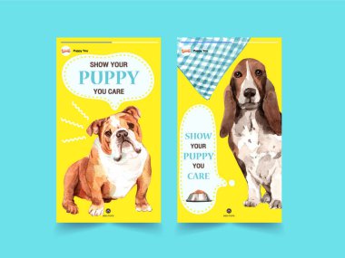 Sosyal medya ve çevrimiçi topluluk suluboya illüstrasyonu için köpek tasarımı içeren Instagram şablonu