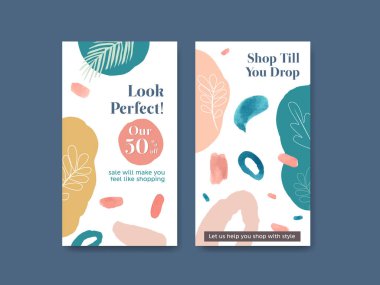 İnternet ve çevrimiçi topluluk suluboya illüstrasyonu için alışveriş tasarımı içeren Instagram şablonu