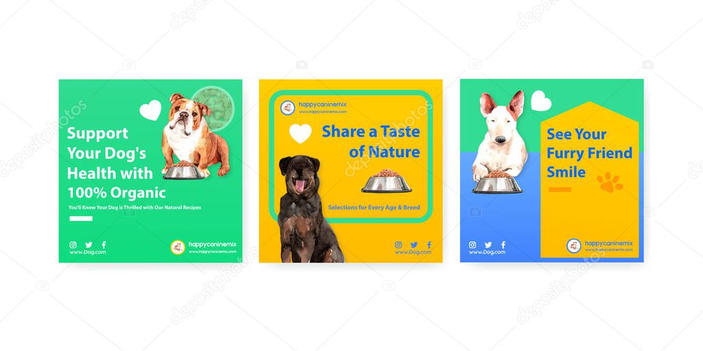 Advertise template with dogs and food design for brochure and marketing watercolor illustration