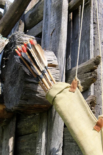 Bow arrows quiver hanging on the wood log