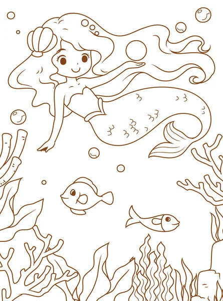 Doodle Cute Cartoon Little Mermaid Mermaid Sea White Background Brown — Stock Vector