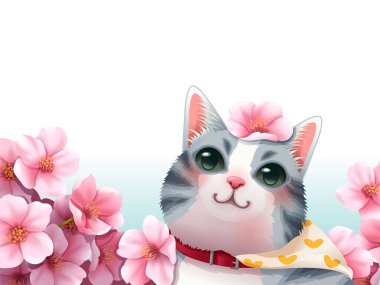 Kedi, sakura, kiraz çiçeği ve pembe çiçek çerçevesi. Arka plan sade bir gökyüzü. Yukarıda metni yerleştirmek için yer var. Vektör çizimi. Kara zemin ve duvar kâğıdı için mükemmel..