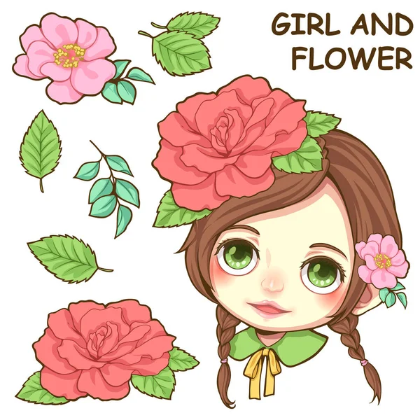 Illustration Vectorielle Jolie Fille Fleur Lot Éléments Décoratifs Isolés Sur — Image vectorielle