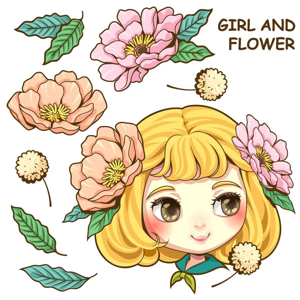 Ilustração Vetorial Meninas Bonitos Com Cabelo Dourado Flores Pacote Elementos — Vetor de Stock