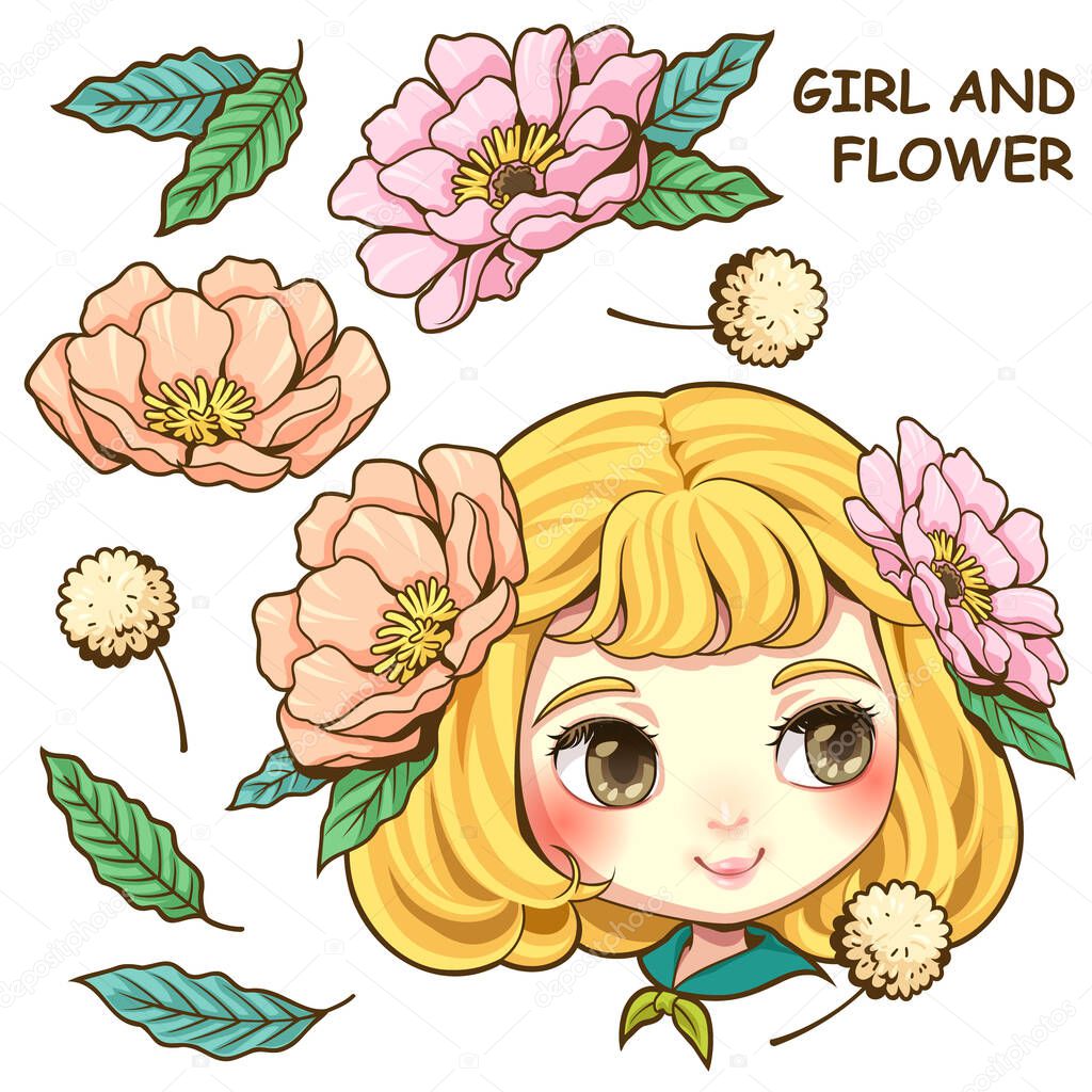Vector illustration of cute girls with golden hair and flowers. Bundle of decorative design elements isolated on white backgroud. Used for illustration clip art, pattern and sticker, etc.
