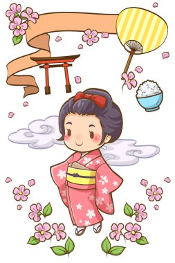 Japon kızları ve bulut, çiçek, yelpaze ve tapınak ikonu vektörü, karakter karikatürü gibi şirin aksesuarlar..