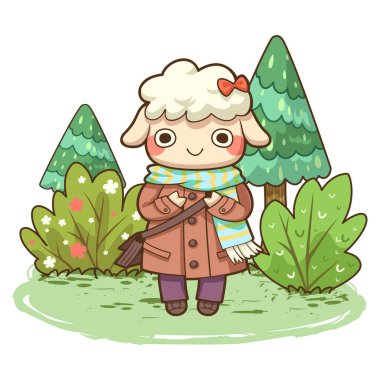 Ormanlı şirin küçük koyunlar, sevimli karakter çizgi filmi, kawaii karalaması, beyaz arkaplan vektörü çizimleri..