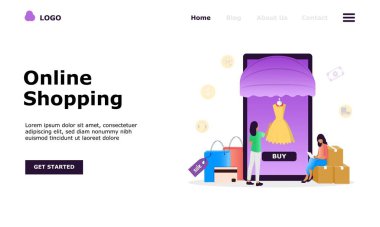 Çevrimiçi Alışveriş Vektörü İllüstrasyon Konsepti, Web iniş sayfası için elverişli, ui, mobil uygulama, editoryal tasarım, broşür, afiş ve diğer ilgili durumlar için