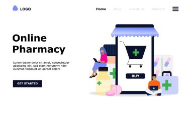 Çevrimiçi Eczane Vektörü İllüstrasyon Konsepti, Web iniş sayfası için elverişli, ui, mobil uygulama, editoryal tasarım, broşür, afiş ve diğer ilgili durumlar için