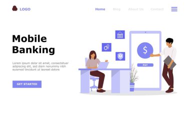 Mobil Bankacılık Vektörü İllüstrasyon Konsepti, Web iniş sayfası için elverişli, ui, mobil uygulama, editoryal tasarım, broşür, afiş ve diğer ilgili durumlar için uygun