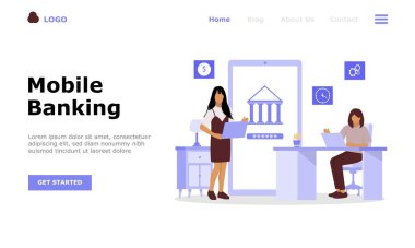 Mobil Bankacılık Vektörü İllüstrasyon Konsepti, Web iniş sayfası için elverişli, ui, mobil uygulama, editoryal tasarım, broşür, afiş ve diğer ilgili durumlar için uygun