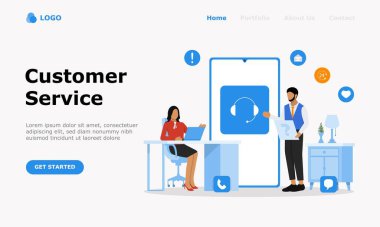 Müşteri Destek ve Danışmanlık Müşterileri Vektör İllüstrasyonu Konsepti, web iniş sayfası, ui, mobil uygulama, editör tasarımı, broşür, afiş ve diğer ilgili durumlar için uygundur
