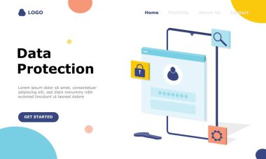 Veri Koruma Vektörü İllüstrasyon Konsepti, web iniş sayfası için elverişli, ui, mobil uygulama, editoryal tasarım, broşür, afiş ve diğer ilgili durumlar için uygun