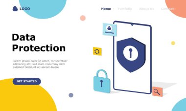 Veri Koruma Vektörü İllüstrasyon Konsepti, web iniş sayfası için elverişli, ui, mobil uygulama, editoryal tasarım, broşür, afiş ve diğer ilgili durumlar için uygun
