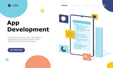 Uygulama Geliştirme Vektörü İllüstrasyon Konsepti, web iniş sayfası için elverişli, ui, mobil uygulama, editoryal tasarım, broşür, afiş ve diğer ilgili durumlar için uygun