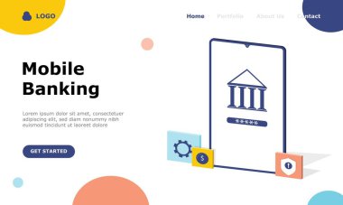 Mobil Bankacılık Vektörü İllüstrasyon Konsepti, Web iniş sayfası için elverişli, ui, mobil uygulama, editoryal tasarım, broşür, afiş ve diğer ilgili durumlar için uygun