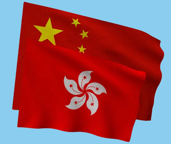 Illustration Flags China Hong Kong Waving Wind Light Blue Background — Stock Photo, Image