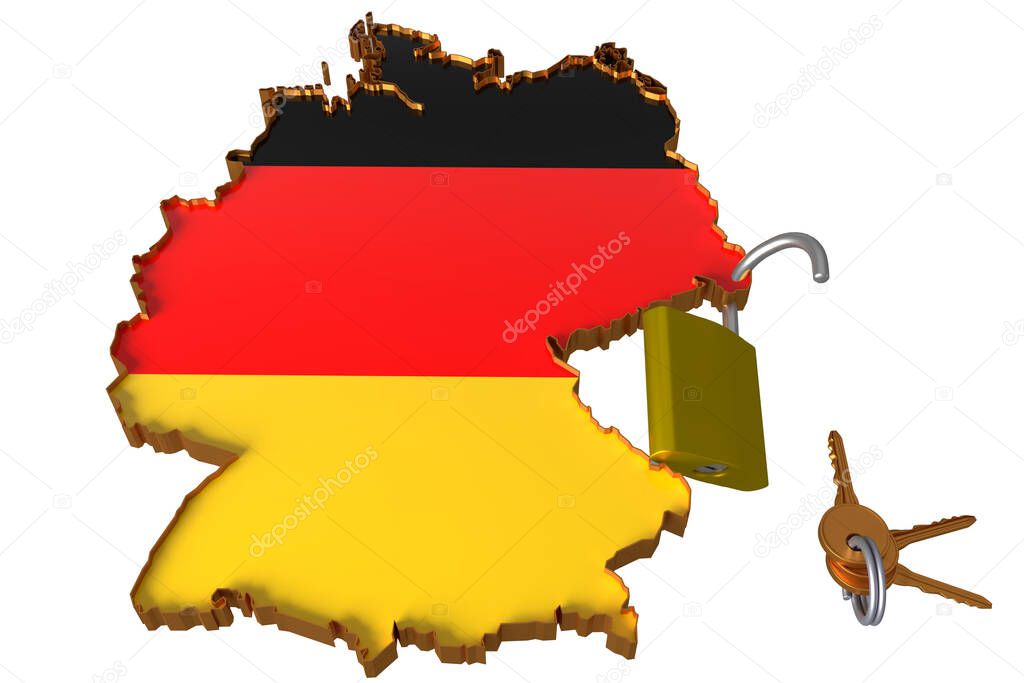 3D illustration of Germany map in black, red, gold of German flag with relief border, on right is opened padlock and bunch of keys, isolated. Concept: Germany opens borders to citizens and tourists
