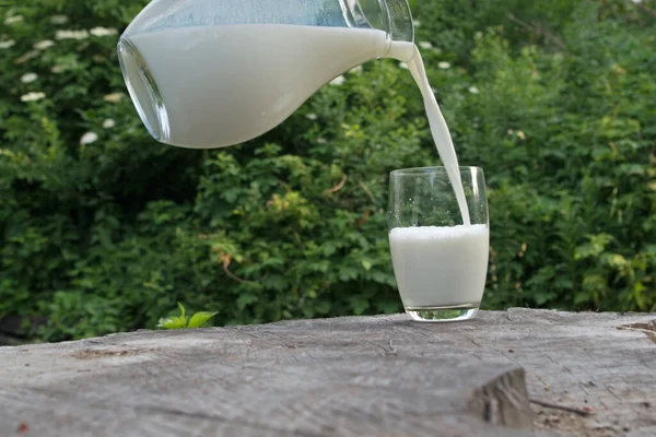 Verse Witte Melk Stroomt Een Sierlijke Stroom Van Een Glazen — Stockfoto