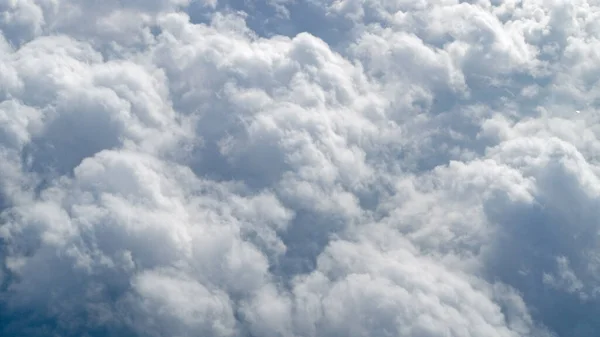 A cluster of large cumulus clouds, with tops pointing slightly to the right, an aerial shot taken at an altitude of ten thousand kilometers from the window of the aircraft. Natural abstract background