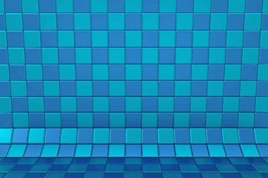 Duvar ve zemin döşemeli desen. Satranç tahtası tarzında döşeme desenli arka plan Klasik Mavi ve Mozaik Mavisi, 3D çizim. Sancak, mimar, yalan makinesi veya web tasarımı için duvar kağıdı.
