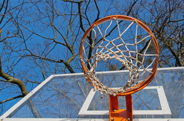 Помаранчевий Баскетбольний Баскетбол Білою Мотузковою Сіткою Закріплений Прозорому Хардборді Білими — стокове фото