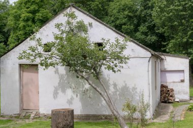 Önünde küçük verandası ve çimenli çimenliği olan bej kapılı, taşralı, sıska tuğlalı bir ev. Yakınlarda büyük bir kütük ve taze bir ağaç vardır. Binanın arkasında uzun yeşil ağaçlar yetişiyor..