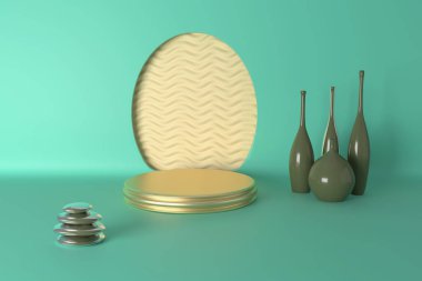 Biscay yeşili, güneş ışığı, soğan rengi 3D illüstrasyon. Duvarda oval kesime karşı podyum, arkasında dalgalar. Taşlar ve vazolar yakınlarda. SPA aksesuarları, kremler ve kozmetik ürünleri için kaldırım taşı