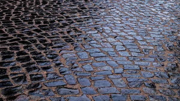 Akşamları bulutlu bir havada kumlu bir üste büyük kaldırım taşlarıyla kaplı eski, ıslak kaldırım yağmurdan sonra parlar. Yol yüzeyindeki doğal arkaplan.