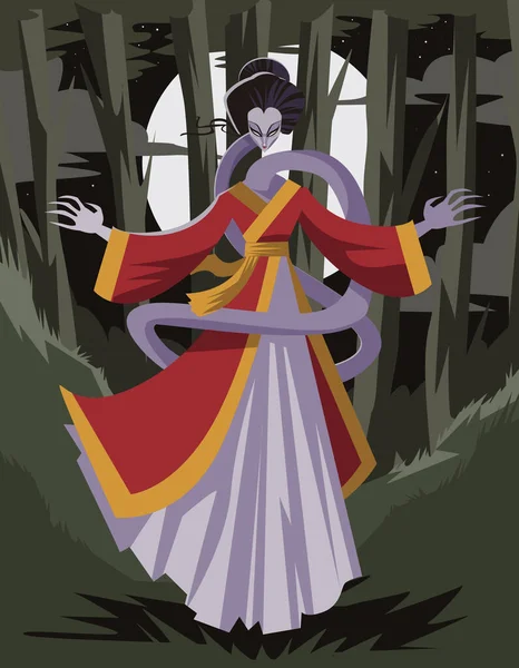 Vampirdame Langen Kleid Aus Asiatischem Holz Mit Narrenmond Auf Hintergrund — Stockvektor