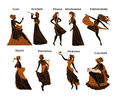 Yunan mitolojisi ilham perileri Clio, Euterpe, Thalia, Melpomene, Terpsichore, Erato, Polymnia, Ourania ve Calliope, 