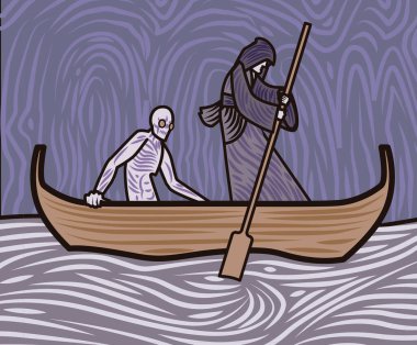 Charon teknesiyle Styx Sea 'de seyahat ediyor.