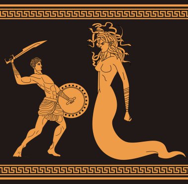 Perseus 'un Medusa ile savaştığı portakal ve siyah çömlek tablosu