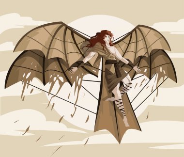 icarus flying near to the sun with artifical ornithopter wings clipart
