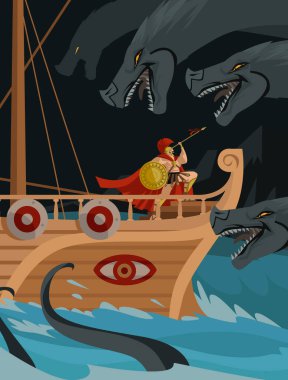 Odysseus, Charybdis ve Scylla mitolojisi deniz canavarları yakınlarındaki bir trireme geçidinde