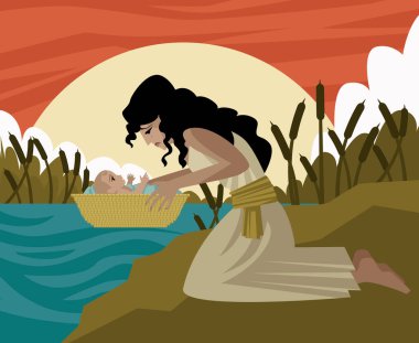 baby moses in a basket and mother in the river old testament tale clipart