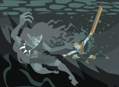 Beowulf, el yapımı devin annesiyle su altında dövüşüyor.