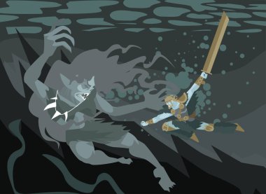 beowulf fighting the mother of grendel ogre underwater clipart