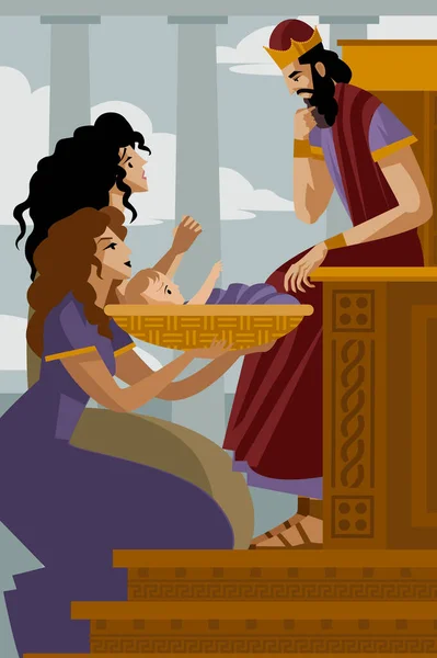 索罗门国王和两个女人为一个孩子发生争执 — 图库矢量图片