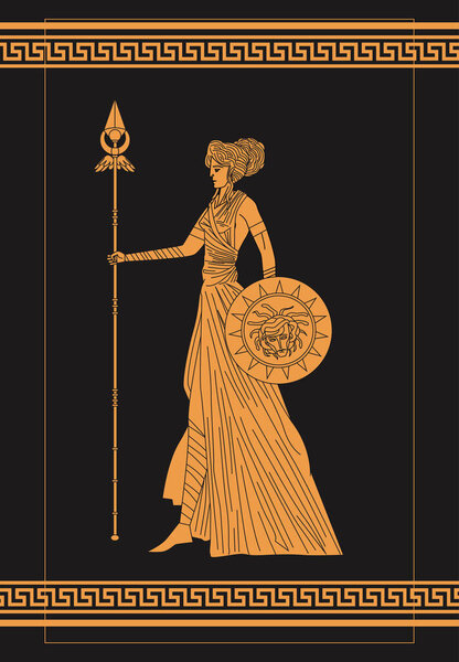 greek orange and black amphora drawing of athena