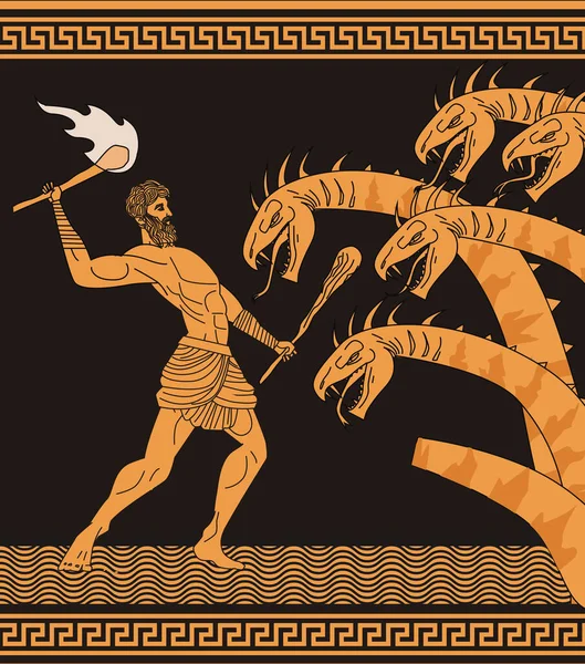 Schwarze Und Orangefarbene Herkules Kampf Gegen Das Hydra Keramikmotiv — Stockvektor