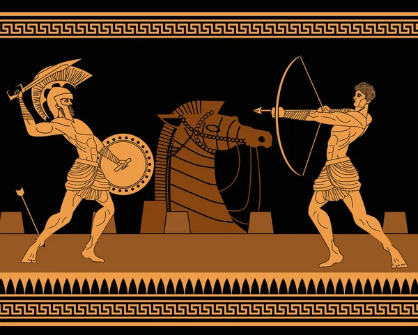 Oranje Zwarte Figuren Aardewerk Amforen Schilderij Van Troy Oorlog Met — Stockvector