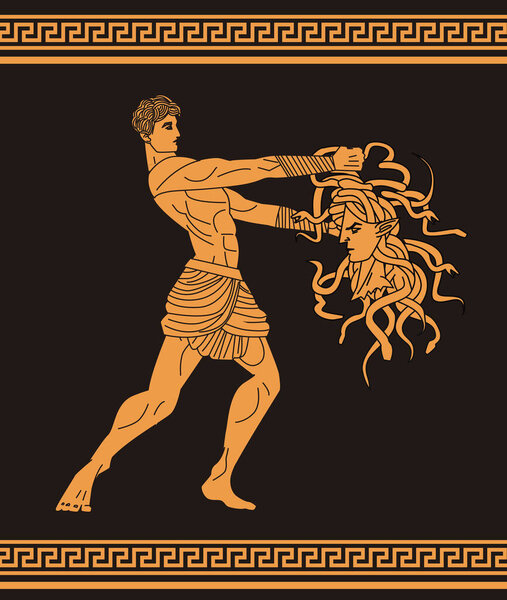 perseus with medusa head orange pottery scene