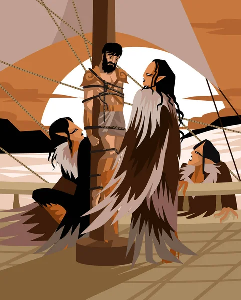 ロープと歌うサイレンギリシャ神話の物語で船に結びつけられた — ストックベクタ